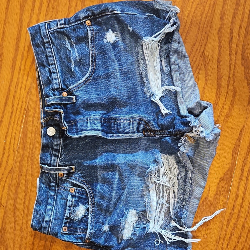 Levi 501 Blue Distressed Jean Shorts - Picture 4 of 9